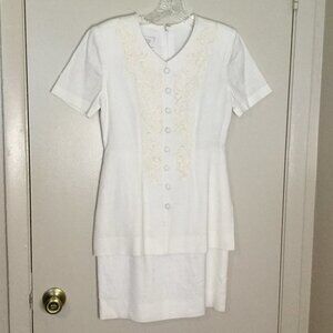 Petite Sophisticate Embroidered Cream Linen Blend Career Dress